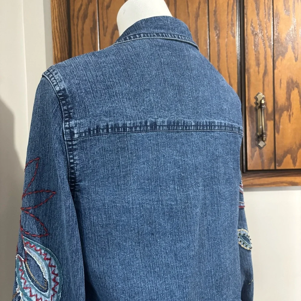 Floral Embroidered Long Sleeve Button Up Denim Jean Jacket Size 8 Petite Vtg Y2K - Picture 8 of 13